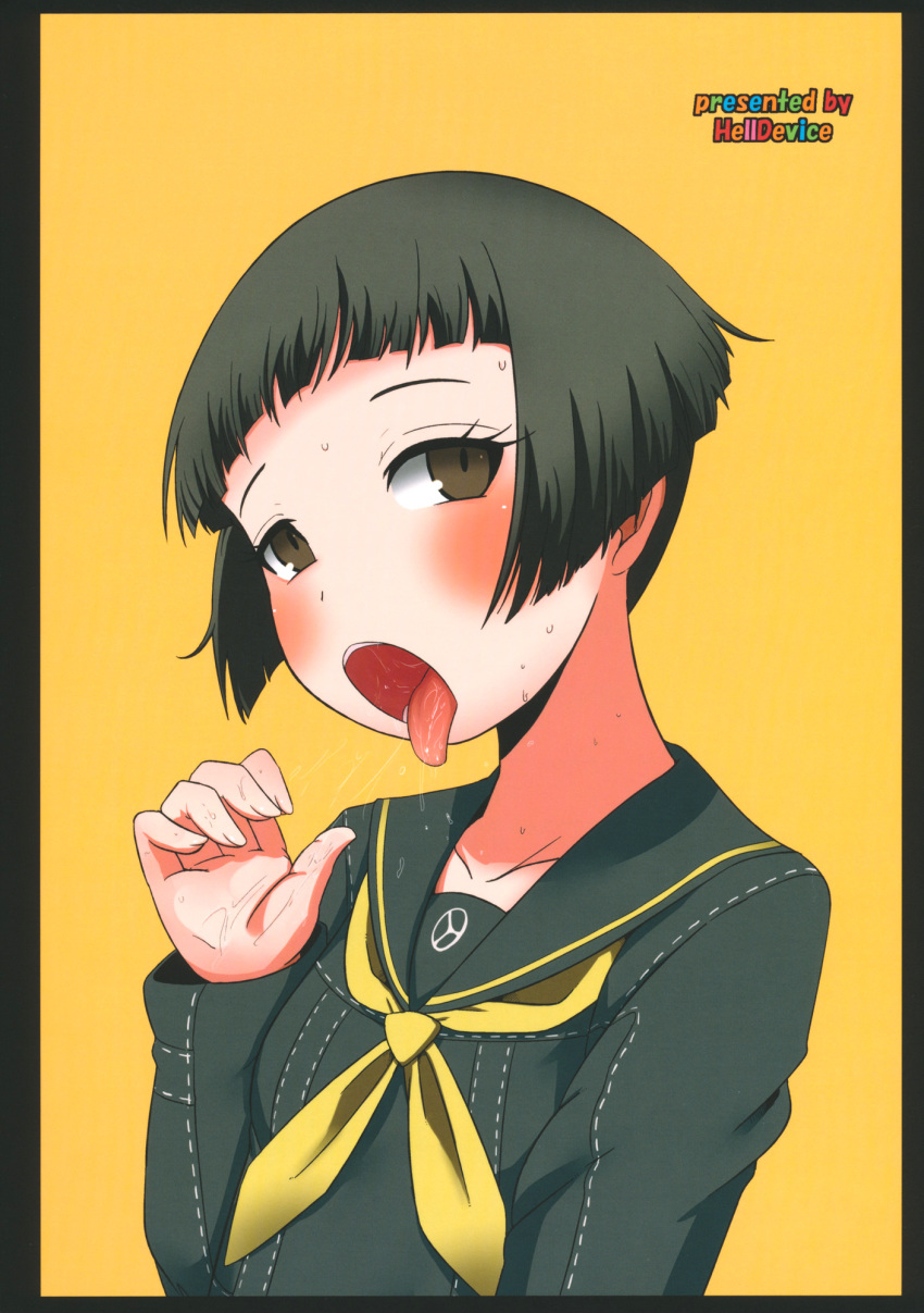 atlus back_cover black_hair blush brown_eyes doujinshi fellatio_gesture female flat_chest high_resolution invisible_penis matsunaga_ayane nalvas open_mouth persona persona_4 saliva school_uniform serafuku short_black_hair short_hair tongue tongue_out