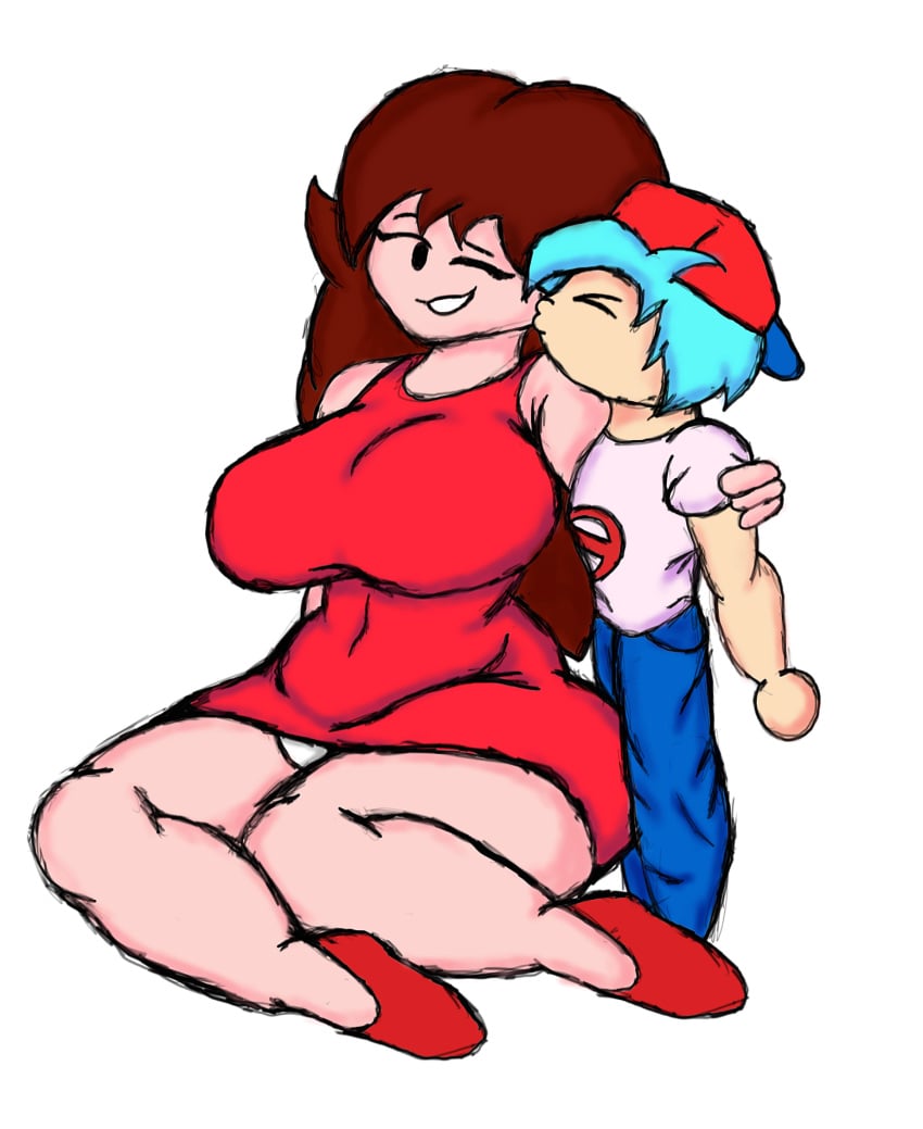 big_ass big_breasts big_thighs blue_hair boyfriend_(friday_night_funkin) brown_hair fnf friday_night_funkin girlfriend_(friday_night_funkin) height_difference kiss larger_female long_hair mini_giantess self_upload size_difference smaller_male smile taller_girl upskirt velgyd