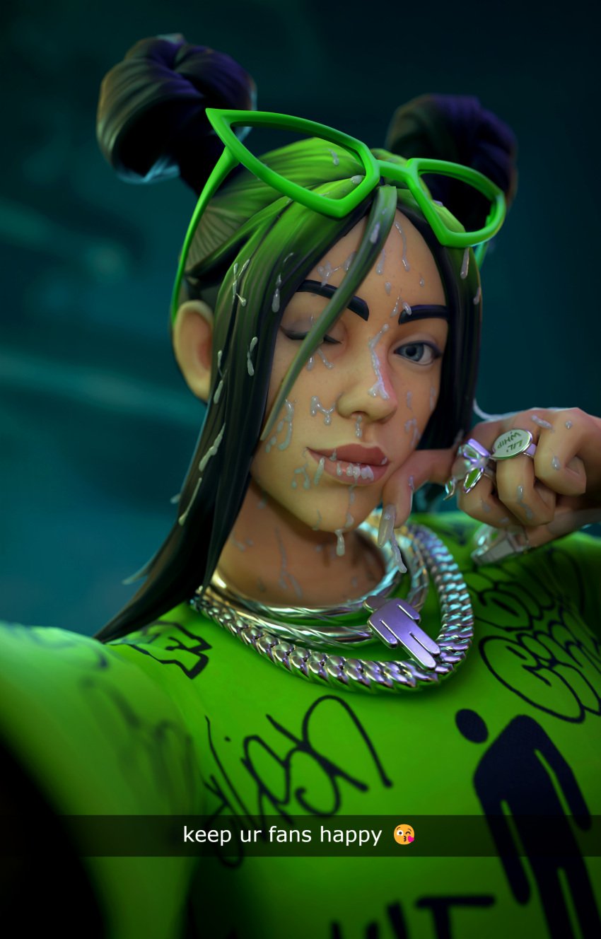 1girls 3d 3d_(artwork) billie_eilish billie_eilish_(fortnite) camsad caption cum cum_in_hair cum_in_mouth cum_on_body cum_on_face female fortnite green_hair long_nails nail_polish selfie snapchat solo