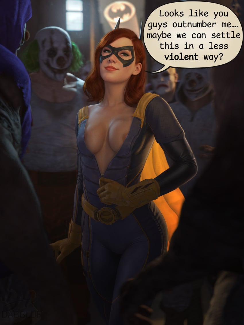 1female 1girls 3d 3d_(artwork) 4k 5boys ai_assisted areola areolae barbara_gordon batgirl batgirl_(gotham_knights) batman_(series) blender blender_(software) blender_cycles breasts breasts_out dc dc_comics drdabblur english_text face_mask facemask female female_focus ginger ginger_hair gotham_knights green_eyes group hand_on_hip highres hips hips_wider_than_shoulders imminent_gangbang imminent_sex large_breasts lips long_hair male male/female multiple_boys multiple_males nipples no_bra red_hair red_head skin_tight skinsuit skintight suit text text_bubble thighs very_long_hair