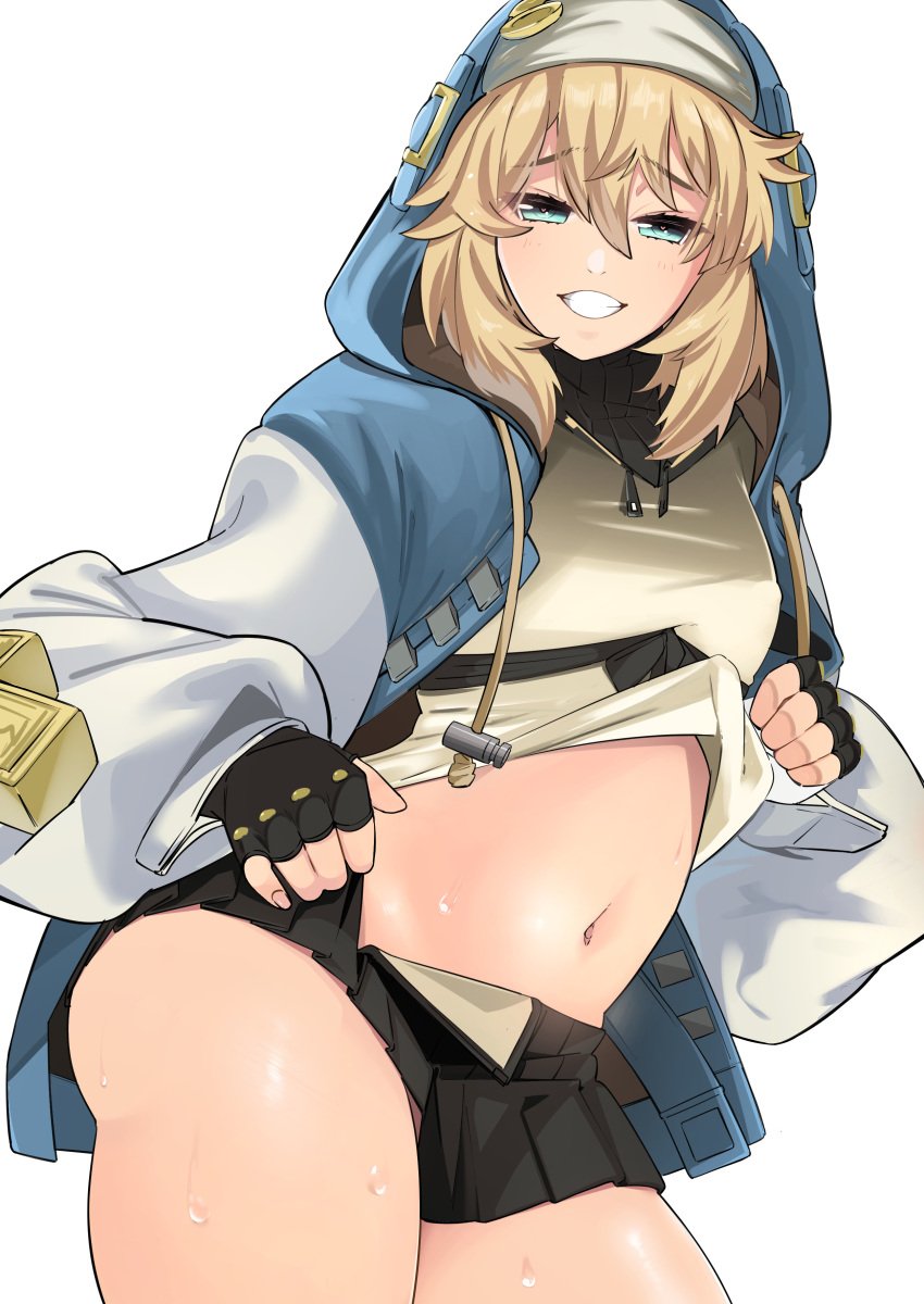 1boy artist_request ass belly belly_button blonde_hair blue_clothes blue_eyes blue_jacket bridget crossdressing femboy grin guilty_gear guilty_gear_strive hi_res high_resolution highres hood hooded hoodie light_blue_eyes male male_only medium_hair open_jacket otoko_no_ko shirt shirt_lift shirt_up side_view skirt skirt_lift skirt_up smug smug_face smug_grin solo solo_focus sweat sweatdrop sweating thick_thighs thighs trap tummy white_background white_teeth