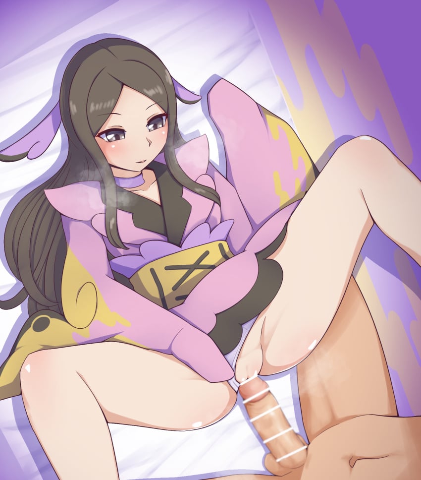 1boy 1girls bar_censor black_hair blush breasts censored clothed cum cum_in_pussy cum_inside dress enjoying enjoyment exposed_breasts female gray_eyes grey_eyes gym_leader headwear hi_res imminent_sex japanese_clothes just_the_tip laying_on_bed long_hair naked niboccc nintendo nipples nude panties panties_aside penis pink_clothing pokemon pokemon_xy pussy sex valerie_(pokemon)