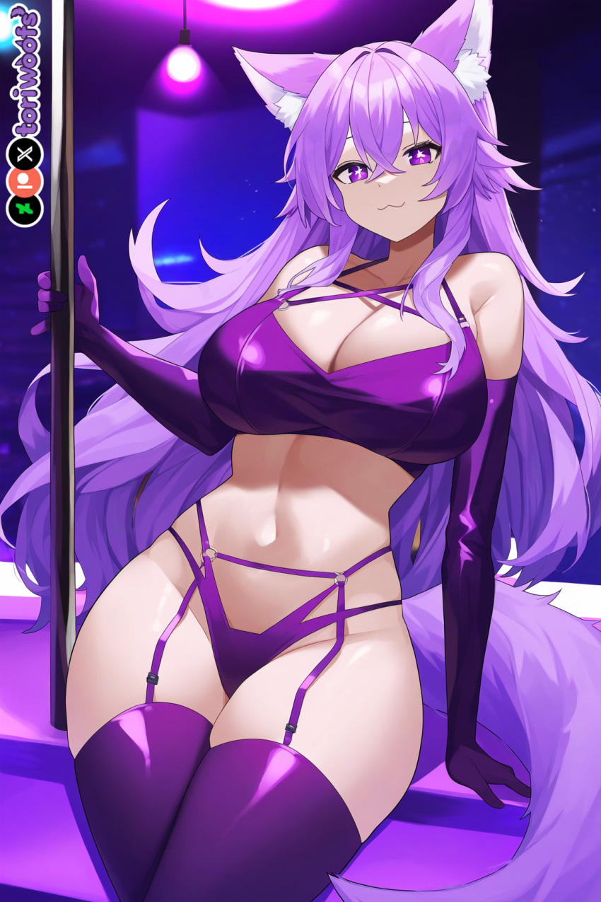 1girls :3 ai_generated armwear big_breasts bikini breasts curvy cute dog_ears dog_girl doggirl female female_only garter_belt garter_straps highres hips huge_boobs huge_breasts kemonomimi light_skin light_skinned_female long_hair patreon_username petgirl purple_ears purple_eyes purple_hair purple_tail stripper stripper_pole thick_thighs thighhighs thighs thong tori toriwoofs watermark wavy_hair wide_hips wolf_ears