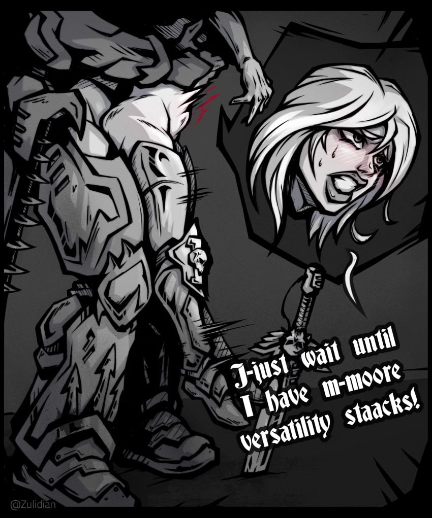 1boy 1girls adepta_sororitas armor armored_boots boots caption chaos_(warhammer) chaos_space_marine clenched_teeth female gothic_artstyle greyscale impaled in_the_air lifted lifted_by_another male male/female maledom melee_weapon monochrome planted_sword sister_argenta_(rogue_trader) sister_of_battle solo_female standing stomach_bulge straight vaginal_penetration warhammer_(franchise) warhammer_40k weapon white_hair zulidian