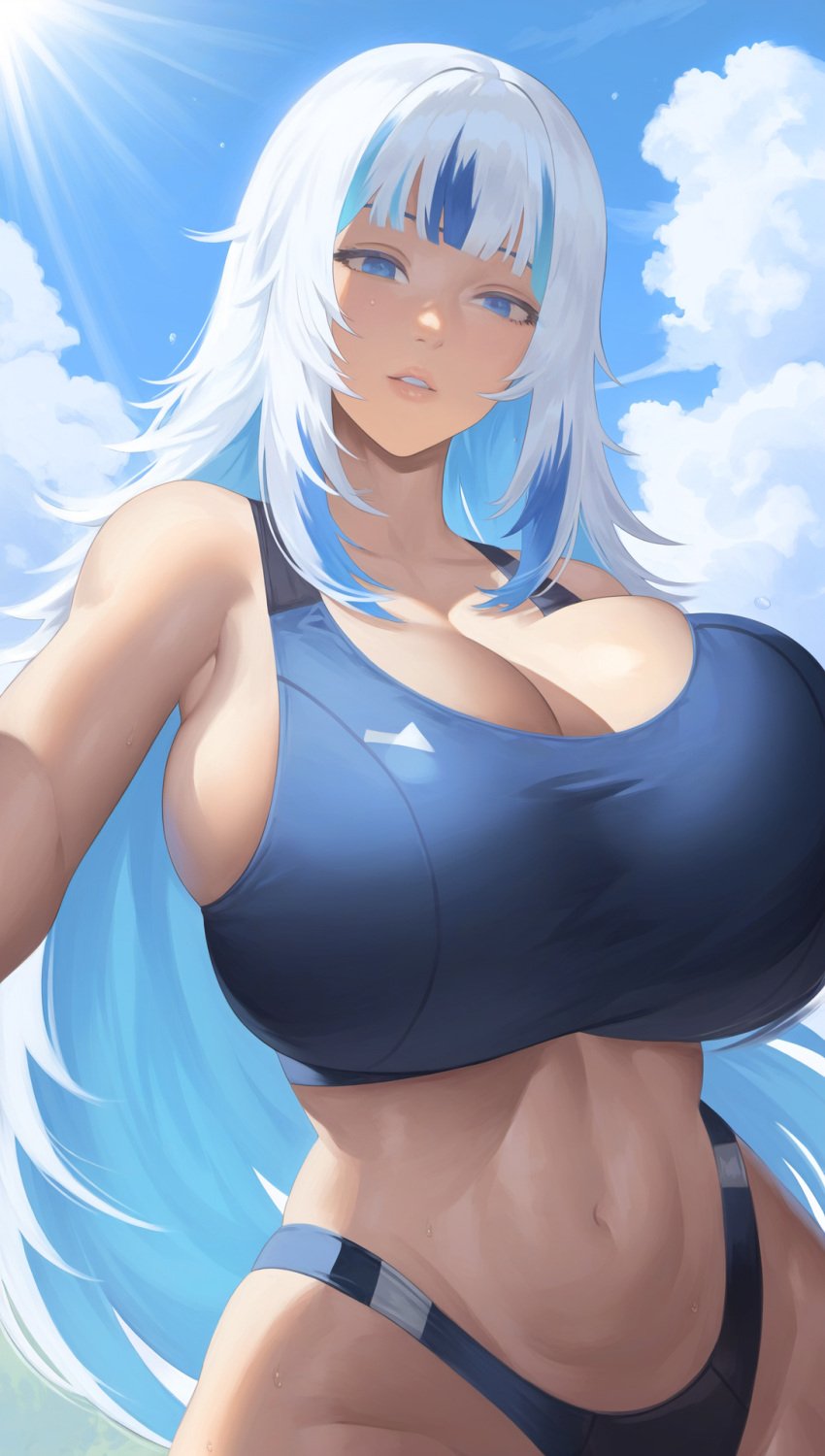 1girls 2d ai_assisted ai_generated alternate_breast_size belly belly_button big_breasts blue_eyes blue_hair breasts breasts_bigger_than_head cleavage crop_top curvaceous curvaceous_body curvaceous_female curvaceous_figure curvy curvy_body curvy_female curvy_figure day facing_viewer female gawr_gura gym_uniform hips hololive hololive_english hololive_myth hourglass_figure huge_breasts large_breasts long_hair looking_at_viewer manah_(artist) midriff multicolored_hair open_mouth outdoors panties selfie selfie_pose shark shark_girl solo source sportswear standing thick_thighs thighs virtual_youtuber voluptuous voluptuous_female white_hair wide_hips