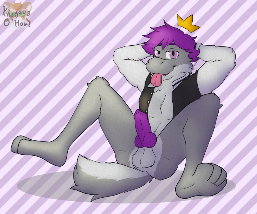 absurd_res anthro balls blep clothed clothing digital_media_(artwork) erection fur genitals hair hi_res khryaus_o'howl_(artist) king_(crmlcd) looking_at_viewer male male_only nintendo paws penis simple_background smile smug solo tail tongue tongue_out topwear