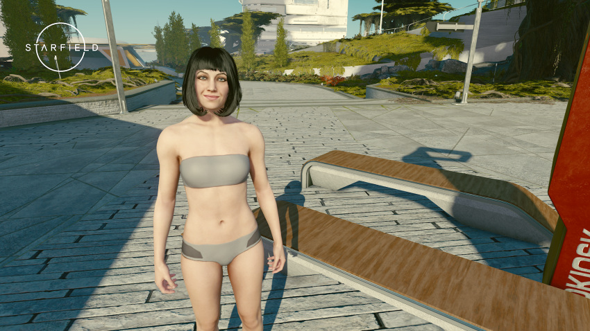 3d bare_shoulders black_hair female looking_at_viewer muria_siarkiewicz navel outdoors smile solo standing starfield tagme underwear