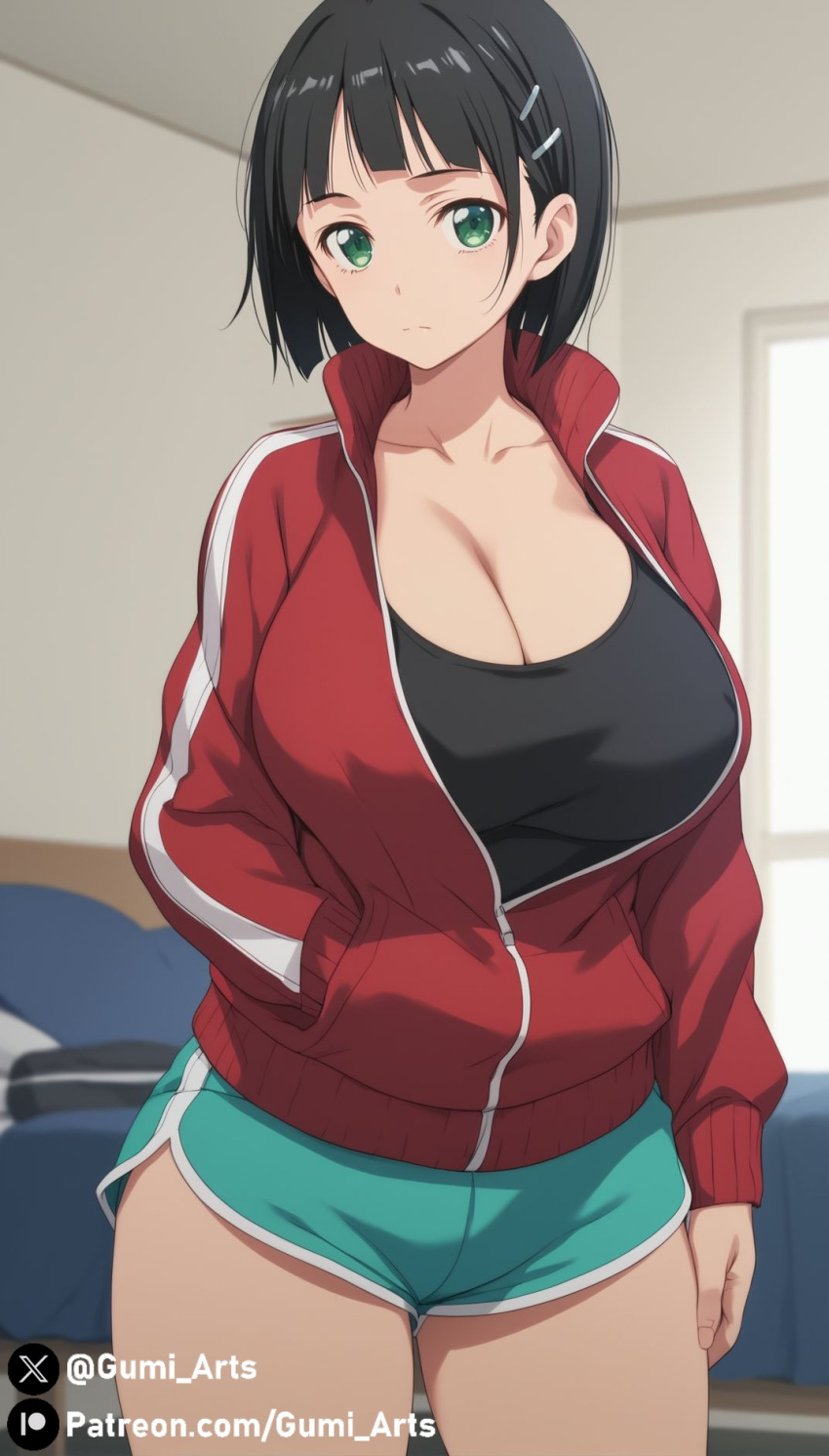 1girls ai_generated black_hair cleavage green_eyes gumi_arts gym_uniform hairpin huge_breasts indoors kirigaya_suguha looking_at_viewer shirt sport_shorts sportswear stable_diffusion sword_art_online thick_thighs