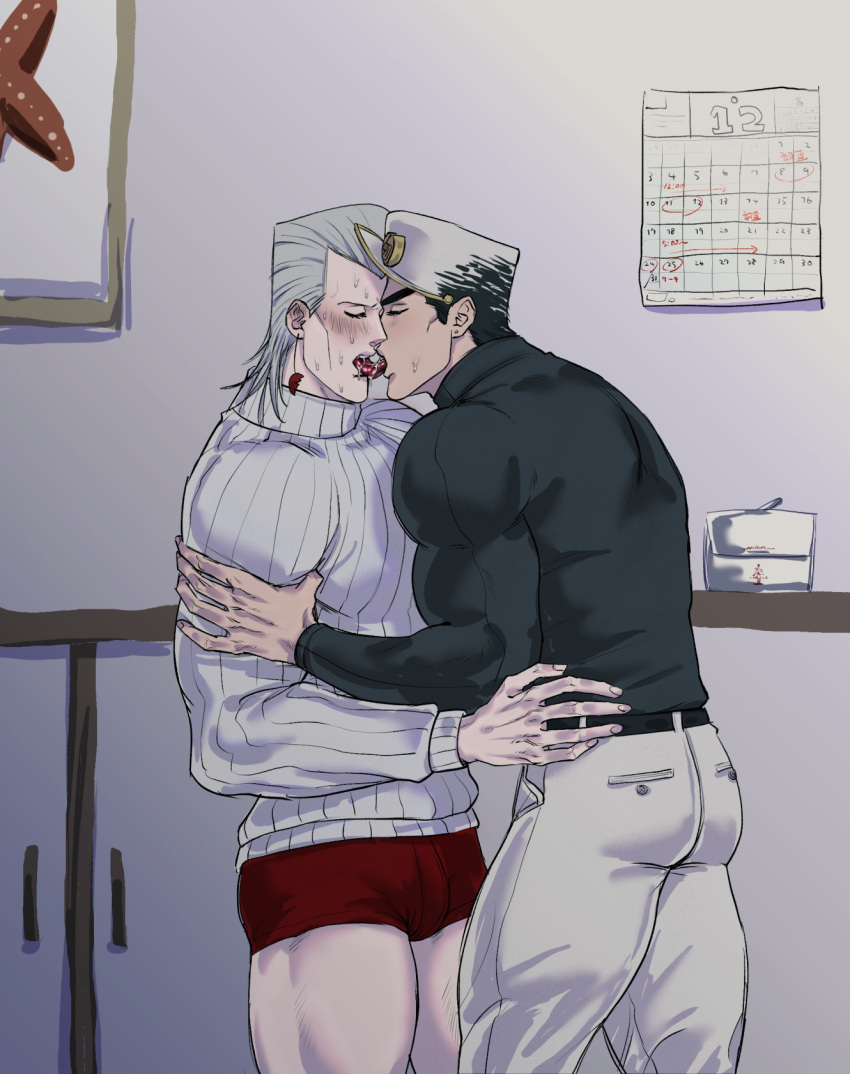 2boys diamond_is_unbreakable dilf gay jean_pierre_polnareff jojo's_bizarre_adventure jotaro_kujo kissing male male/male male_only tongue tongue_kiss yaoi