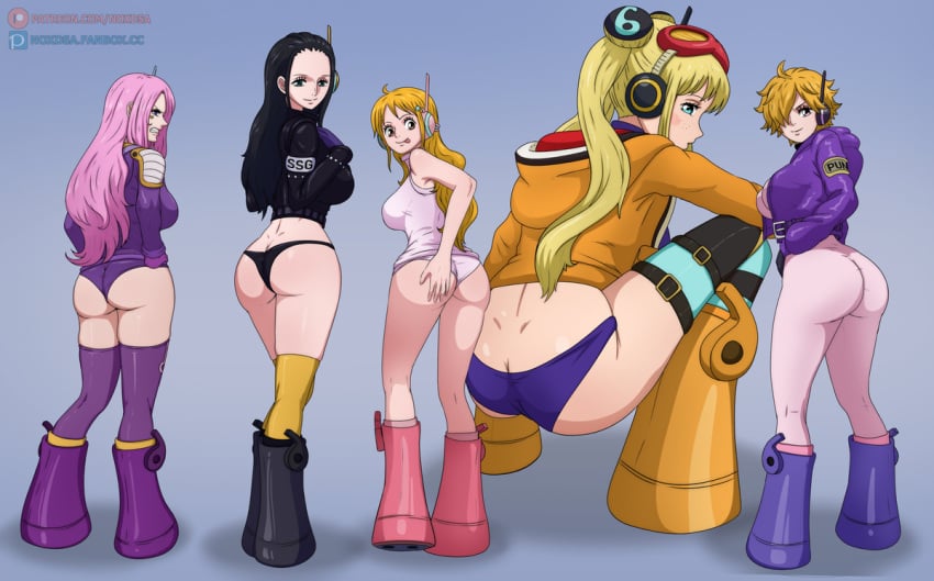 5girls artist_request ass big_ass bubble_butt clothed dat_ass egghead female female_only giantess jewelry_bonney jewelry_bonney_(egghead) long_hair mini_giantess multiple_girls nami nami_(one_piece) nami_(one_piece)_(egghead) nico_robin nico_robin_(egghead) noxdsa one_piece one_piece:_egghead_arc post-timeskip vegapunk_lilith vegapunk_york