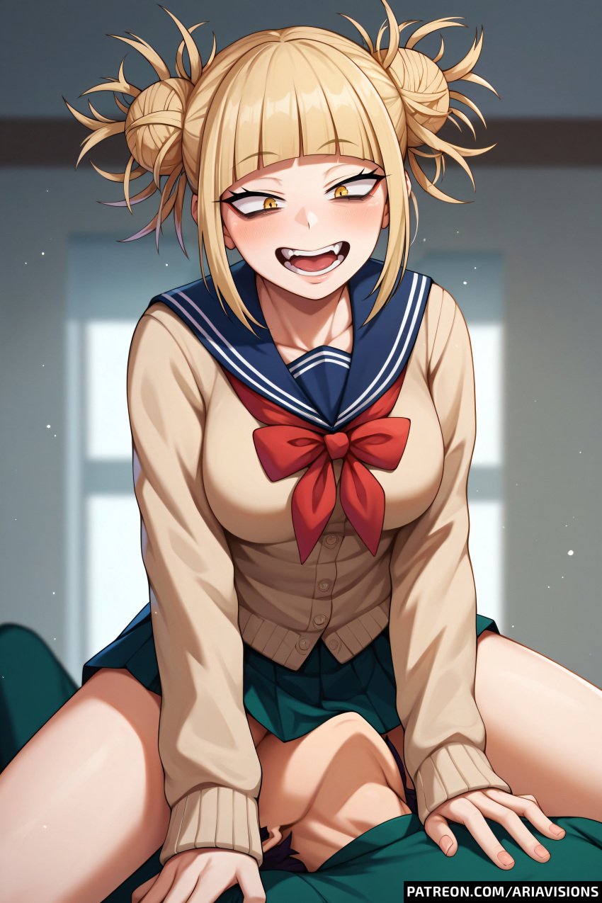 ai_generated ariavisions blonde_hair double_bun facesitting himiko_toga laugh my_hero_academia unseen_male_face yellow_eyes