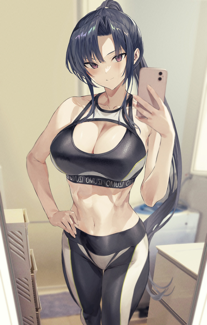 1girls athletic_female big_breasts black_hair breasts cellphone collarbone colored female full_color gym_clothes hiiragi_yuuichi large_breasts midriff navel original original_character phone ponytail posing red_eyes skinny tagme