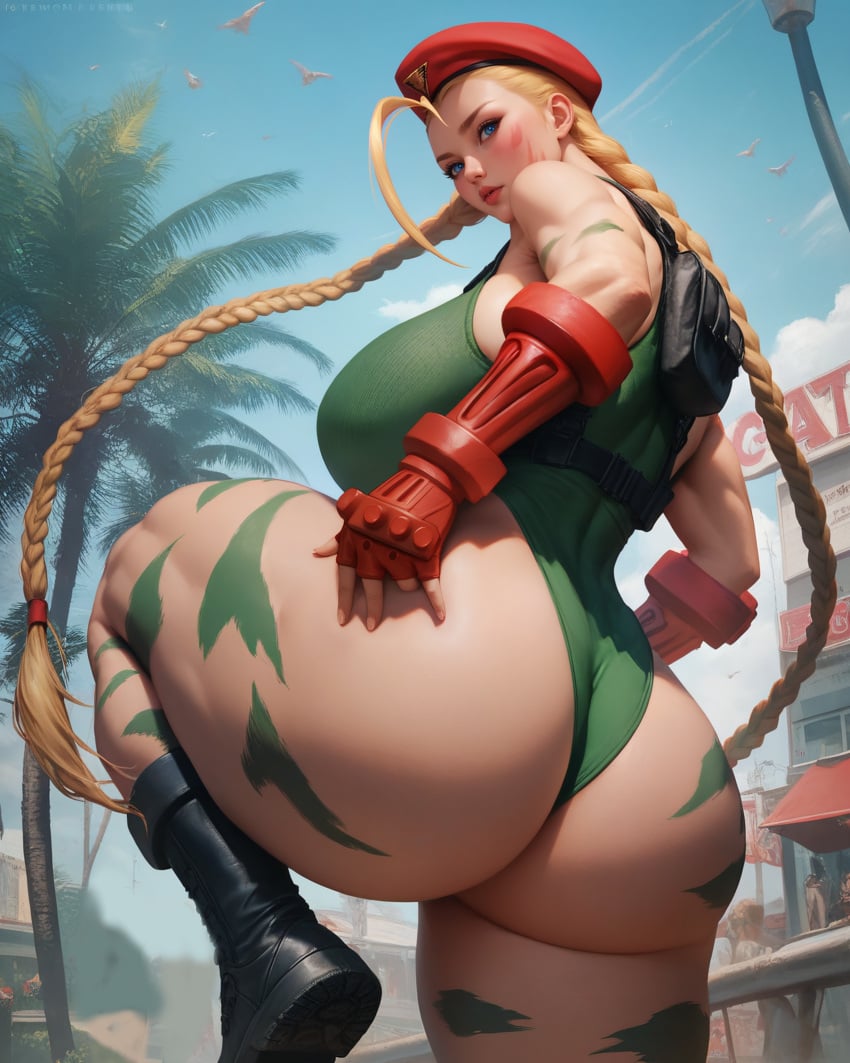 1girls ai_generated back_view big_ass big_breasts black_boots blonde_hair blue_eyes boots braided_hair braided_ponytail bubble_ass bubble_butt c18aiart cammy_white capcom curvy_female dat_ass female female_only hat huge_ass large_breasts leg_raise leotard looking_back patreon_exclusive pawg street_fighter thick thick_ass thick_thighs voluptuous voluptuous_female wide_hips