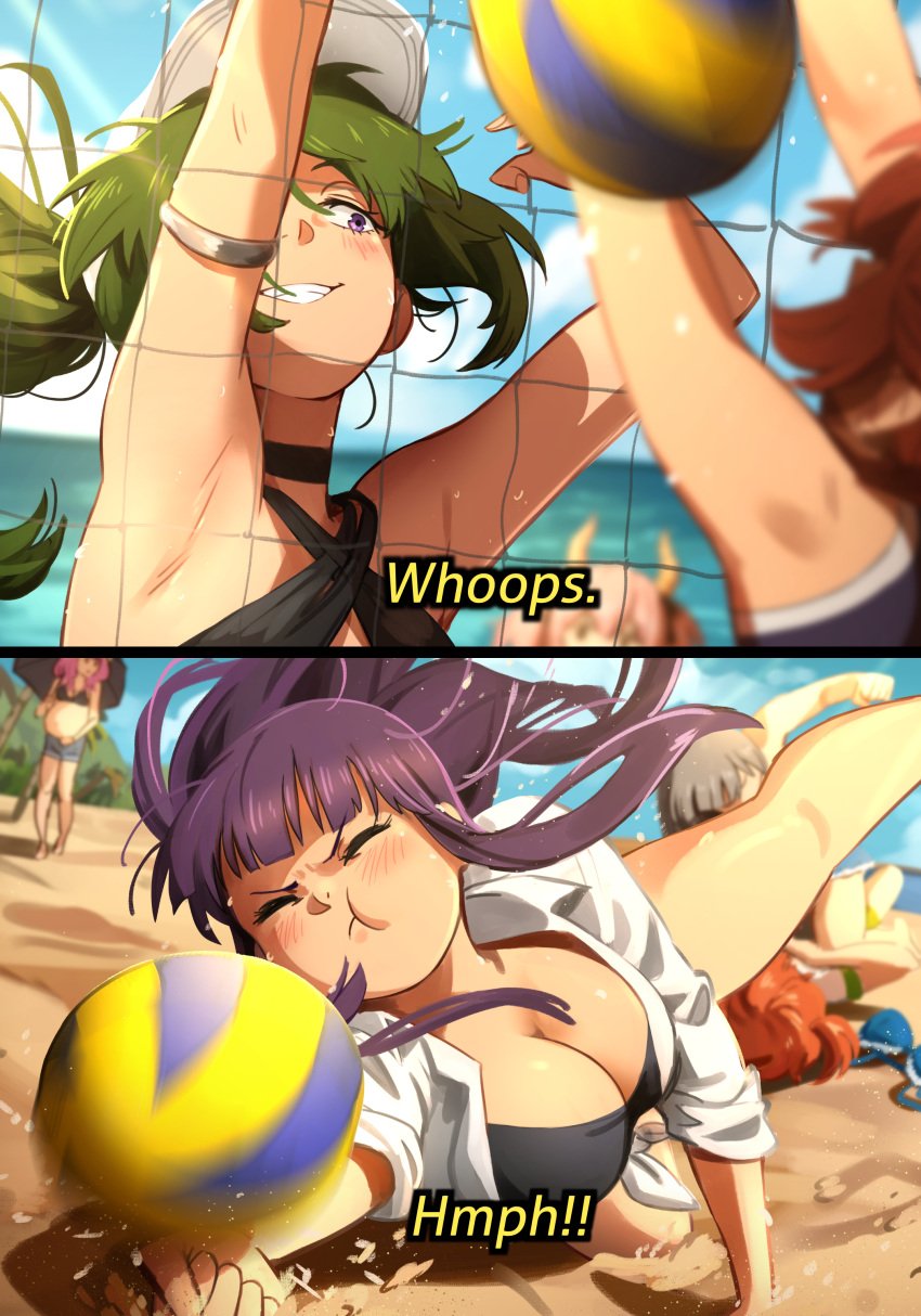 aura_(sousou_no_frieren) beach beach_background big_breasts breasts catfight english_text female female_only fern_(sousou_no_frieren) fight fighting frieren_beyond_journey's_end funny girls_only green_hair khyleri meme multiple_girls pregnant pregnant_female purple_hair sousou_no_frieren swimsuit swimwear ubel_(sousou_no_frieren) volleyball volleyball_(ball) volleyball_net