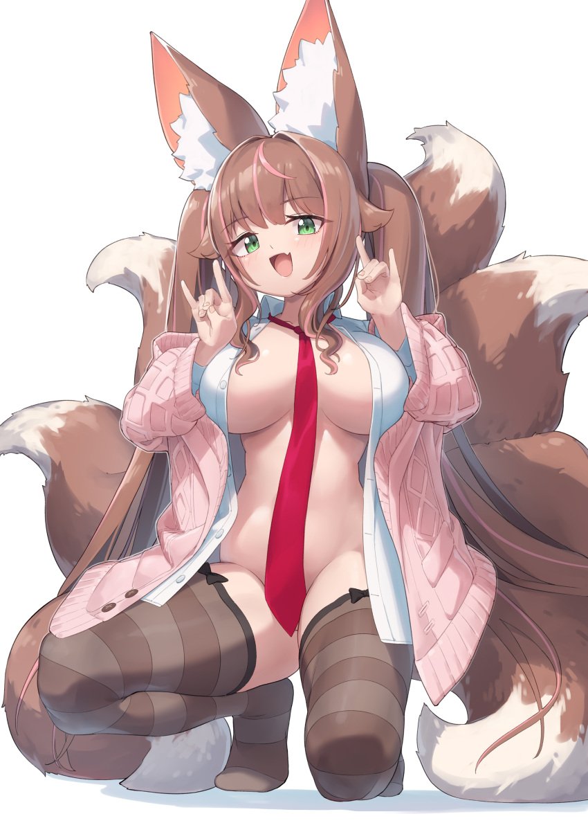 6_tails :3 :d blush_lines brown_hair brown_tail cardigan censored_nipples center_opening collared_shirt convenient_censoring cute cute_fang fingernails fox_ears fox_girl fox_tail gesture green_eyes hair_flaps kneesocks large_breasts long_twintails necktie open_shirt pink_cardigan pink_vest skeb_commission slender_waist smile smug squatting striped_kneehighs thick_thighs very_long_hair white_shirt wide_hips yokoyama_stp zettai_ryouiki