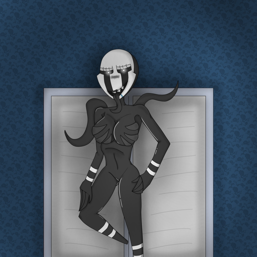 bedroom big_breasts female female_only five_nights_at_freddy's five_nights_at_freddy's_4 fnaf glistening_body glowing_eyes heart-shaped_pupils legs_up long_tongue masked_female nightmarionne nude_female pussy rule_63 scottgames seductive_look smile solo sultry_eyes tall_female thick_thighs tongue_out