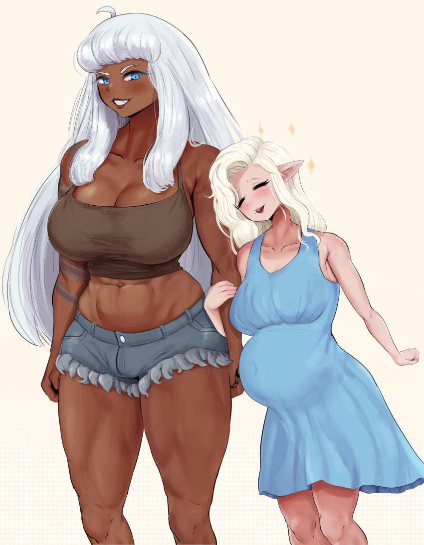 1futa 1girls 2021 bangs big_breasts blonde_hair blue_dress blue_eyes blush breasts bulge cleavage clothed clothing dark-skinned_futanari dark_skin domino_dewitt dress duo elf elf_ears elf_female female fully_clothed futa_wife futanari height_difference holding_arm human humanoid interspecies_pregnancy jean_shorts light-skinned_female light_skin long_hair pregnant ready_to_pop shorts silver_queen silverqueen0 simple_background smiling sparkles standing tank_top very_high_resolution white_hair