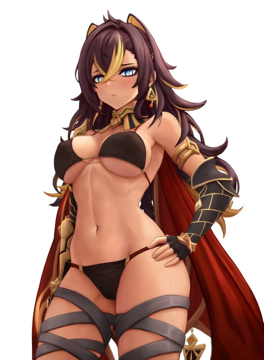 1girl 1girls armpit armpits armwear belly belly_button big_breasts bikini bikini_bottom bikini_top breasts cape dehya_(genshin_impact) ear_piercing emotionless emotionless_female feet_out_of_frame female female_only genshin_impact hair_ears hand_on_hip kinokokunart long_hair looking_at_viewer lowleg lowleg_bikini lowleg_panties messy_hair neckwear nipple_bulge nipples_bulge simple_background slim slim_waist tagme tagme_(artist) thigh_strap two-tone_hair two_tone_hair