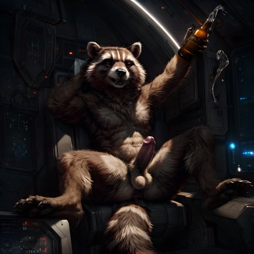 abs ai_generated alcohol anthro anus ass balls beer beverage black_nose bottle claws detailed detailed_fur drunk fur genitals hi_res humanoid_genitalia humanoid_penis looking_at_viewer male mammal marvel multicolored_body muscular muscular_anthro muscular_male nude penis procyonid raccoon rocket_raccoon sitting solo spacecraft_interior spaceship substance_intoxication taji_(director)