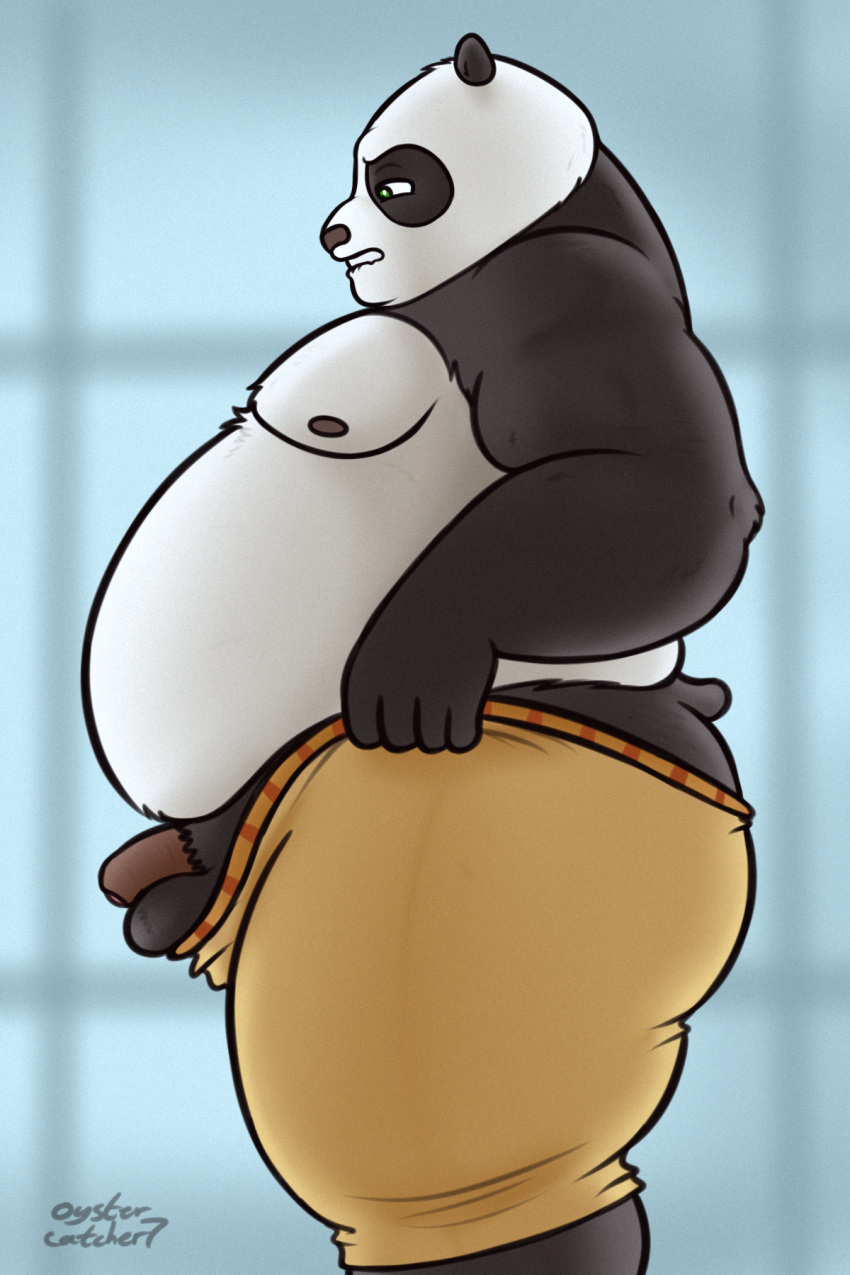 2023 2:3 anthro balls bear belly big_belly bite biting_lip black_and_white_fur bottomwear clenched_teeth clothing dreamworks fur genitals giant_panda hi_res kung_fu_panda male male_only mammal master_po_ping meme moobs narrowed_eyes nipples obese obese_anthro obese_male overweight overweight_anthro overweight_male oystercatcher7 pants penis po side_view signature solo standing superchub teeth tight_bottomwear tight_clothing tight_pants tight_pants_(meme)