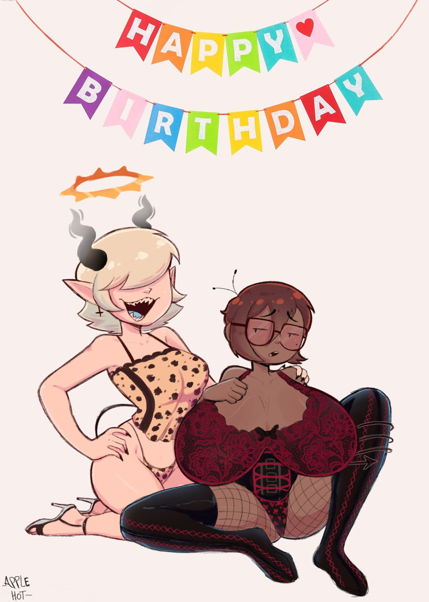 2girls applehot brown_hair dark-skinned_female dark_skin demon_girl english_text fishnets glasses halo happy_birthday huge_breasts jane_(applehot) kneeling mara_(applehot) original short_hair spread_legs thick_thighs