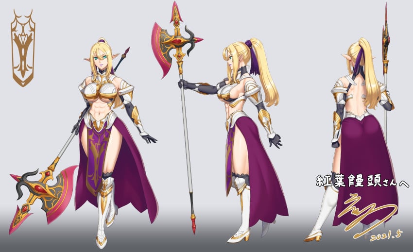 1girls abs alternate_costume alternate_version_available armor artist_signature athletic_female axe back_view belly belly_button big_ass big_breasts big_butt bikini_armor blonde_hair boots character_sheet child_bearing_hips cocked_hip commission concept_art eiwa elbow_gloves elf elf_ears elf_female exposed_belly eyebrows_visible_through_hair fit_female front_view full_lips gloves gold_hair green_eyes hair hair_between_eyes hair_ribbon halberd high_heel_boots high_heels highres hourglass_figure impractical_armor large_breasts light-skinned_female long_hair looking_at_viewer mature_female monochrome_background muscle_tone muscular_back muscular_female navel nipple_bulge original pointy_ears polearm ponytail pose purple_hairband purple_lips purple_lipstick purple_ribbon purple_skirt revealing_clothes ribbon scantily_clad shoulder_armor side_view skeb_commission skirt slim_waist smile solo solo_female solo_focus someone_else's_oc standing thick_thighs toned toned_body toned_female underboob underboob_cutout vambraces variant variant_set viola_(dng_5656) weapon white_boots white_legwear wide_hips