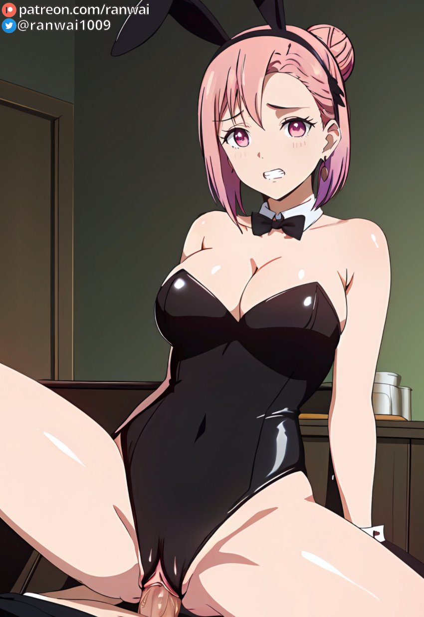 1boy 1girls ai_generated anime bunny_girl bunnysuit cowgirl_position female kaguya-sama_wa_kokurasetai_~tensai-tachi_no_renai_zunousen~ koyasu_tsubame large_breasts male pink_eyes pink_hair ranwai sex stable_diffusion vaginal_penetration vaginal_sex