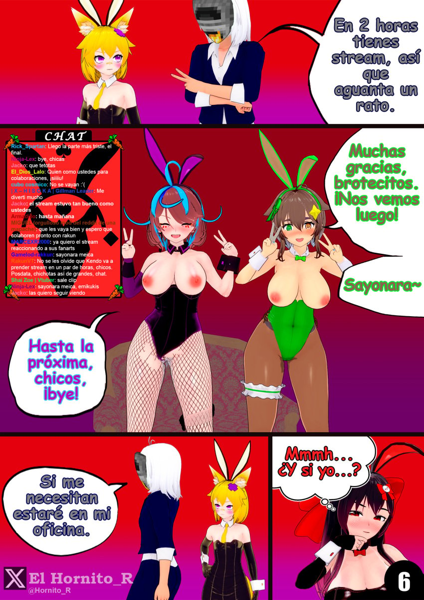 1girls 2boys 2girls 3girls areolae big_breasts big_ribbon black_hair blonde_hair blue_hair blush breasts brown_eyes brown_hair bunny_boy bunny_ears bunny_girl bunnysuit comic_page el_hornito_r emikukis erect_nipples female femboy fox_boy fox_ears fox_tail green_eyes hispanic_virtual_youtuber idol_corp idol_es kendomurft koikatsu large_breasts latam_virtual_youtuber long_hair male masked masked_male meica nipples original_character otoko_no_ko page_6 purple_eyes pussy pussy_juice red_eyes ripped_pantyhose short_hair spanish_text thick_thighs trap twitch virtual_youtuber vtuber vtuberfanart white_hair yadidoll_zaotome