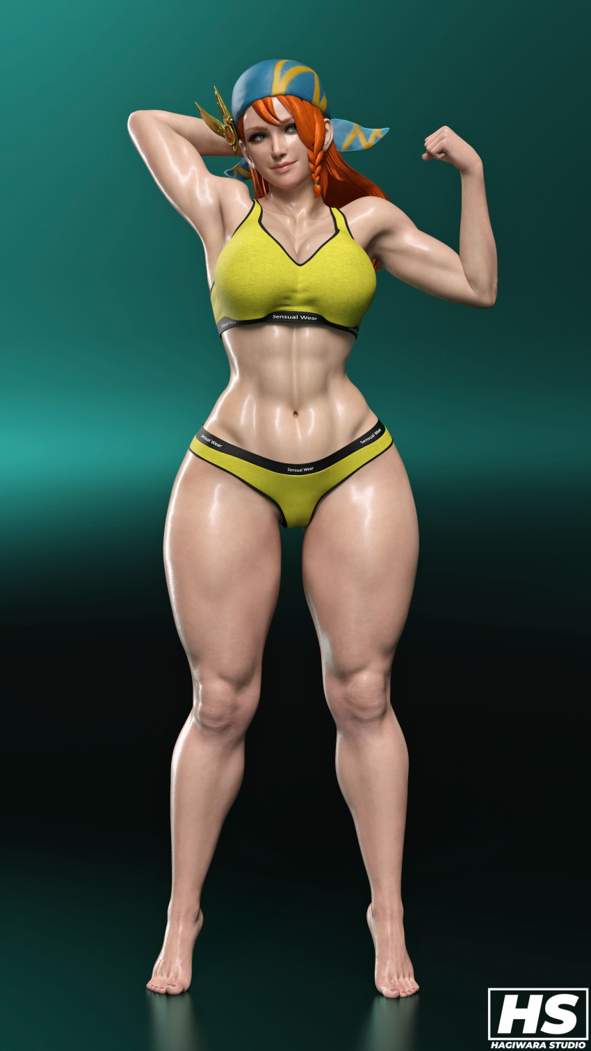 1girls 3d abs bandana breasts capcom female female_only ginger_hair green_eyes hagiwara_studio high_resolution highres minayle monster_hunter monster_hunter_rise muscular muscular_female orange_hair solo sports_bra sportswear