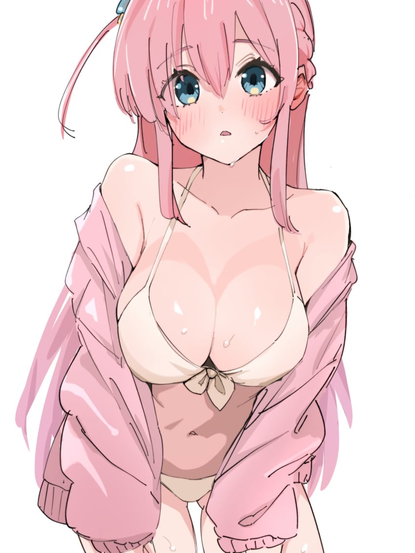 1girls 2d 2d_(artwork) anime_nose ass_visible_through_thighs bare_shoulders belly_button big_breasts bikini blue_eyes blush blush_lines bocchi_the_rock! bra cleavage coral_pink_hair cute_expression dark_blue_eyes dot_mouth dot_nose female female_focus female_only flustered front_view gluteal_fold gotou_hitori high_resolution highres huge_breasts indigo_eyes inner_hair jacket light-skinned_female light_skin long_hair long_sleeves looking_at_viewer off_shoulder open_jacket panties pink_clothing pink_hair pink_hoodie pink_jacket pink_theme plain_background simple_background sleeves_past_wrists solo solo_female standing swimsuit tareme thigh_gap thong thong_bikini two_piece_swimsuit ukitaryu voluptuous voluptuous_female white_background white_bikini white_bra white_panties young younger_female