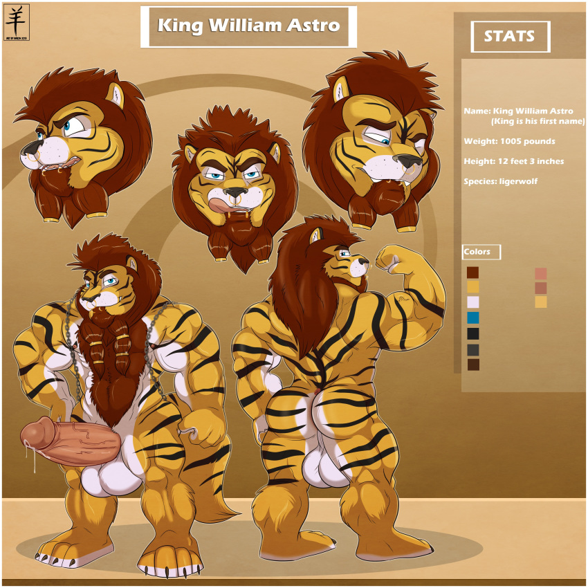 1boy aaron_(artist) anthro ass astro balls big canine feline fur furry king liger ligerwold lion male male_only marxeen model_sheet muscles penis royalty sack tiger wolf