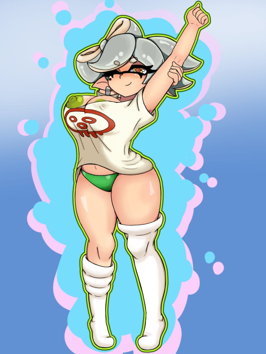 2024 arm_up background big_breasts black_eyelashes breasts clothed clothing digital_media_(artwork) ear_ring full_body full_color green_nipples green_panties grey_eyebrows grey_hair hand_on_arm legs_up legwear light-skinned_female light_skin looking_at_viewer marie_(splatoon) marine marine_humanoid mollusk mollusk_humanoid nintendo nipples one_eye_closed one_eye_open panties pointy_eared_humanoid pointy_ears short_hair showing showing_breasts showing_nipple smile_at_viewer smiling smiling_at_viewer splatoon splatoon_(series) splatoon_2 splatoon_3 stretch stretched stretched_clothing thick_thighs thighs white_clothing white_legwear yellow_eyes zerotaichi