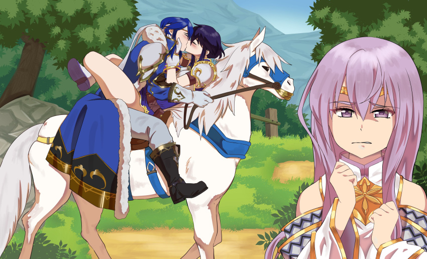 1boy 2girls :/ absurdres armor black_hair breastplate brother_and_sister closed_eyes commission couple fefex female fire_emblem fire_emblem:_genealogy_of_the_holy_war hands_on_another&#039;s_face headband highres horse horseback_riding implied_sex julia_(crusader_of_light)_(fire_emblem) julia_(fire_emblem) kiss larcei_(fire_emblem) leg_lock long_hair looking_at_viewer male multiple_girls nintendo purple_tunic reins riding rock rs40uchiha saddle seliph_(fire_emblem) seliph_(scion_of_light)_(fire_emblem) short_hair shoulder_armor siblings straddling trail tree tunic upright_straddle white_headband white_horse