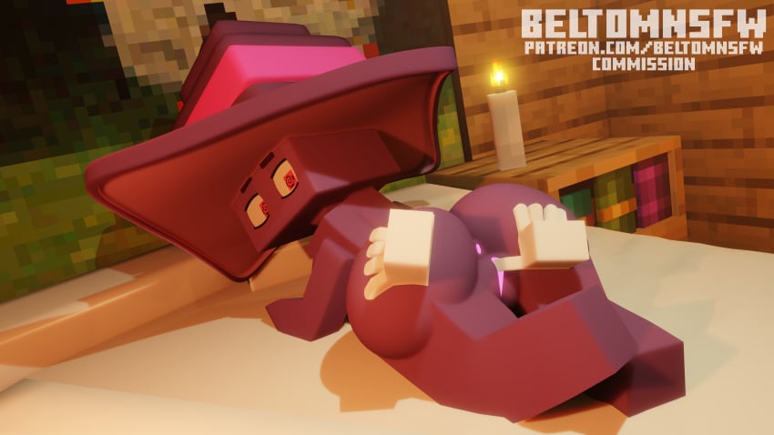 1boy 1girls 3d ass ass_focus ass_grab asshole beltomnsfw big_breasts blender blender_(software) blender_eevee breasts butt_grab dark_skin detailed_background disembodied_hand enderwoman female glowing_eyes hands_on_ass hat looking_back male minecraft partially_clothed public purple_eyes stretched_anus stretched_pussy stretching white_skin