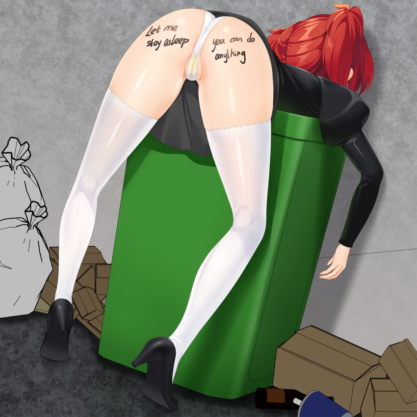 1girls agent_aika alley ass bent_over black_delmo black_high_heels body_writing breasts cameltoe defeated delmo delmogeny_uniform female female_only free_use garbage heels high_heels human humiliation mvv original original_character pale-skinned_female pale_skin panties peeing peeing_self red_hair shiny_hair shiny_skin short_hair short_twintails socks socks_and_heels solo stockings text thick_thighs thigh_socks thighhighs trash_can twintails unconscious uniform villainess vivian_(mvv) white_legwear white_panties white_socks white_thighhighs wide_hips writing_on_ass