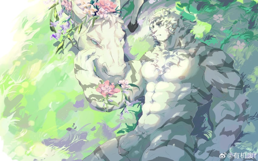 1boy abs absurdres affectionate animal_ears arknights bara completely_nude cowboy_shot facial_hair flaccid flower from_above furry furry_male goatee grass highres horse large_hands large_pectorals lying male_focus mountain_(arknights) muscular muscular_male navel neck_fur nipples nude on_back pectorals penis petting short_hair solo stomach strongman_waist thick_eyebrows thick_thighs thighs tiger_boy tiger_ears uncensored white_hair you_ji_fei_f