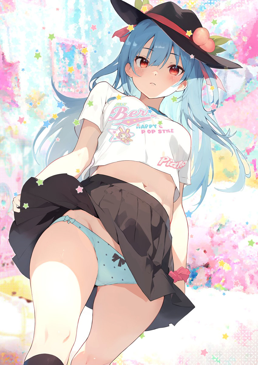 1girls absurdres alternate_costume black_hat blue_hair blue_panties breasts from_below hat highres hinanawi_tenshi kneehighs leaf leaf_hat_ornament long_hair medium_breasts midriff navel panties peach_hat_ornament red_eyes shirt short_sleeves socks t-shirt tenshi_hinanawi tetsurou_(fe+) touhou underwear white_shirt