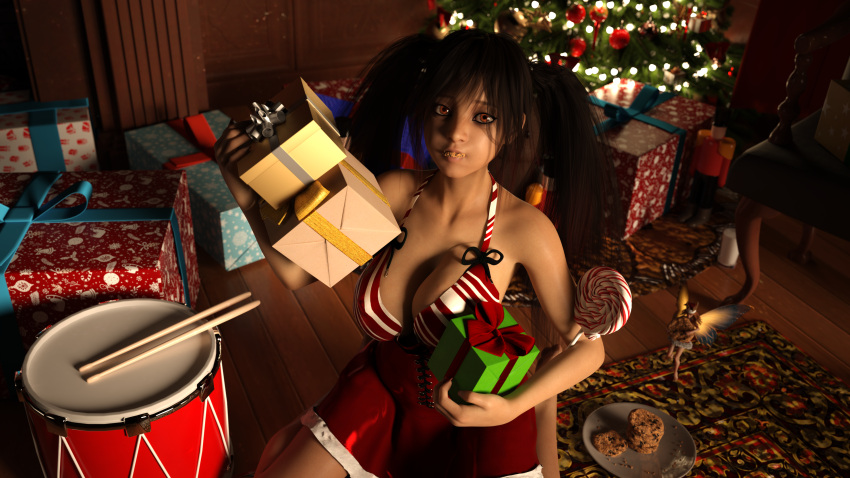 ain_(desert_stalker) big_breasts black_hair candies christmas christmas_clothing christmas_outfit christmas_tree cleavage cookie cookies desert_stalker eating_cookie fairy presents red_eyes twintails zetands