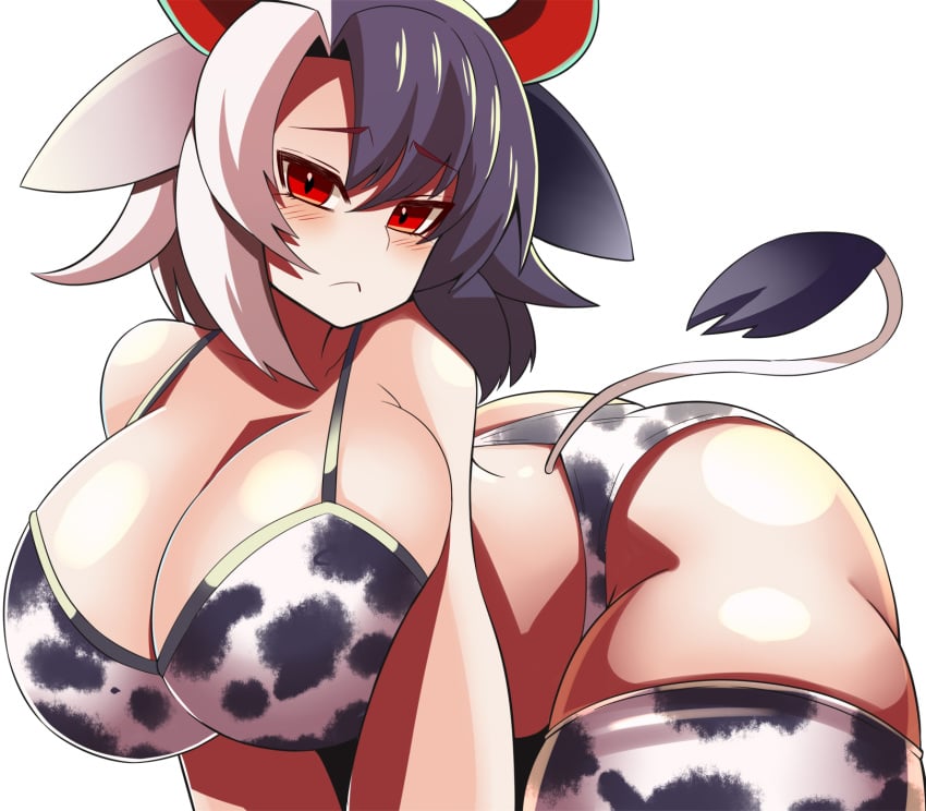 1girls animal_ears big_breasts black_hair blush cow_ears cow_girl cow_print cow_print_bikini cow_print_thighhighs cow_tail horns light-skinned_female mature_female multicolored_hair red_eyes red_horns solo solo_female tail thick_thighs thighs touhou urumi_ushizaki white_background white_hair xialu_zajin