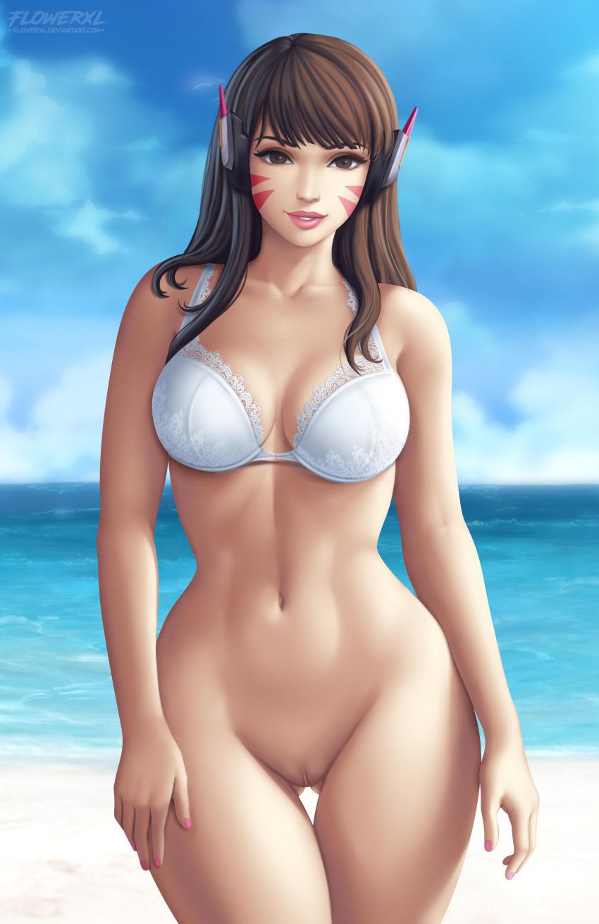 1girls alluring asian_female athletic_female bare_legs big_breasts bra breasts cleavage d.va day feet female female_abs female_only fit_female flowerxl lingerie long_hair looking_at_viewer naked_from_the_waist_down no_panties no_underwear ocean overwatch overwatch_2 panties pink_lipstick pink_nails purple_hair pussy thigh_gap underwear video_game_character white_thong