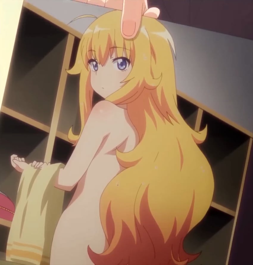 1girls blonde_hair blue_eyes canonical_scene female female_only gabriel_dropout holding_towel looking_at_viewer naked photograph photographic_proof screenshot tenma_gabriel_white