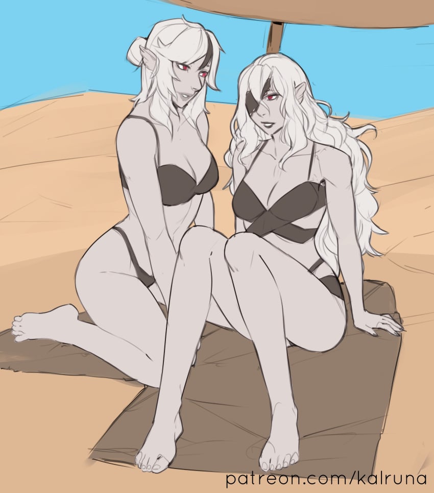 2girls alternate_costume bare_arms bare_legs bare_shoulders beach bikini black_bikini black_lips black_lipstick black_swimsuit breasts cleavage collarbone day embla_(fire_emblem) eyepatch female female_only fire_emblem fire_emblem_heroes grey_hair kalruna kneeling legs lipstick long_hair medium_breasts medium_hair multicolored_hair multiple_girls nintendo on_towel original outdoors pale-skinned_female pale_skin parasol pointy_ears shoulders sitting smile swimsuit towel umbrella very_long_hair wavy_hair