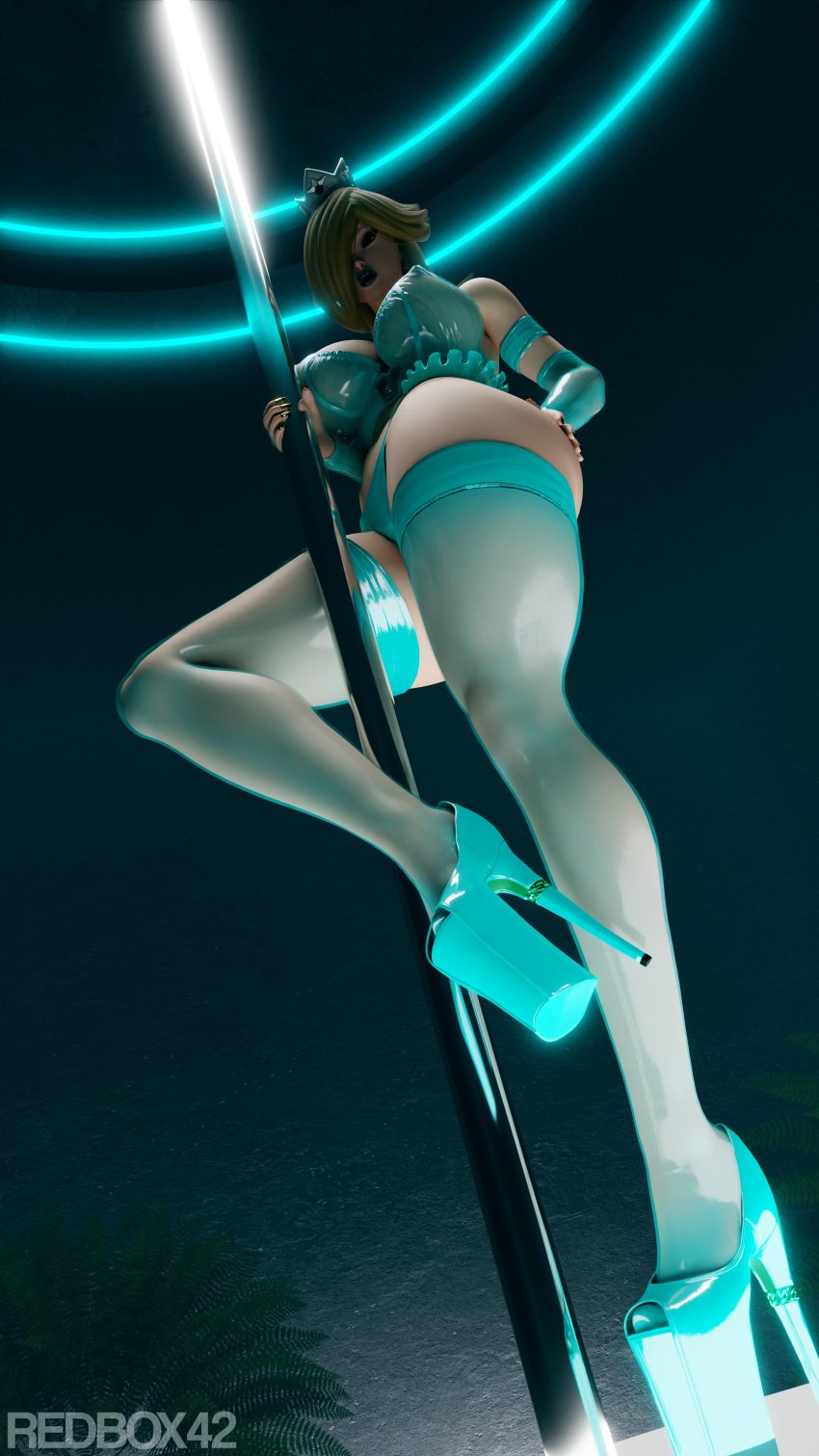 3d big_breasts bimbo bimbo_prostitute blender club gold_nail_polish high_heels low-angle_view low_angle low_angle_view mario_(series) nintendo platform_heels princess_rosalina redbox42 slutty_outfit stockings stripper stripper_pole tagme