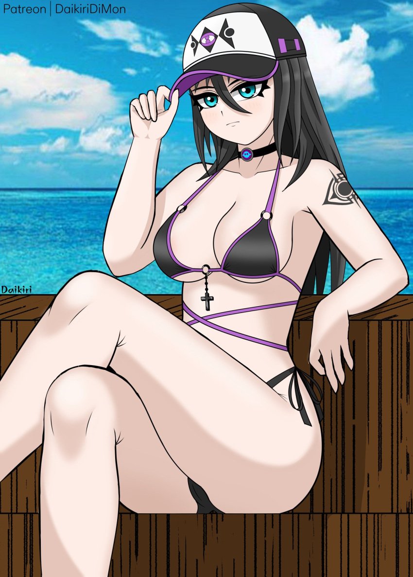 1girls beach bikini black_hair blue_eyes cap choker crossed_legs daikiri_di_mon fortnite fortnite:_battle_royale looking_at_viewer patreon_username sitting spirit_hunter_saeko_(fortnite) tattoo