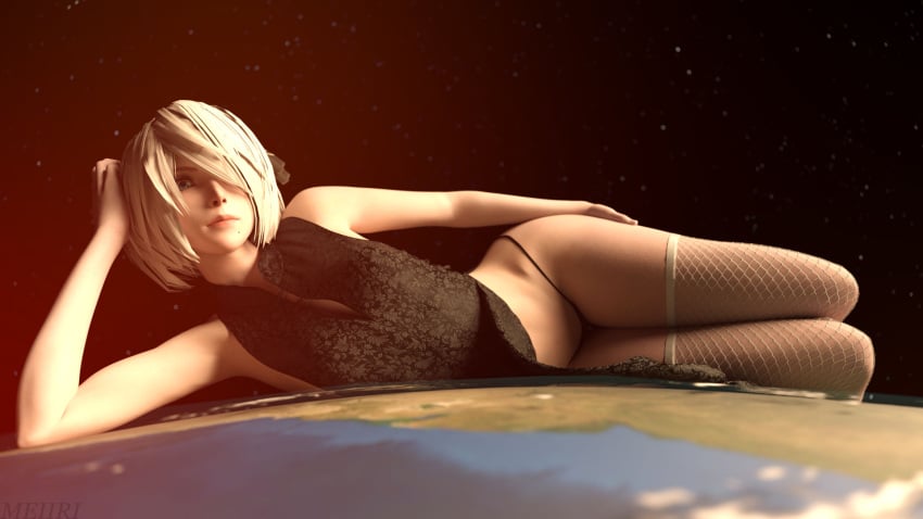 1girls 3d breasts clothing earth female female_only giantess giga_giantess jgrfgts light-skinned_female light_skin looking_at_viewer macro meiirii nier nier:_automata planet short_hair solo space white_hair yorha_2b