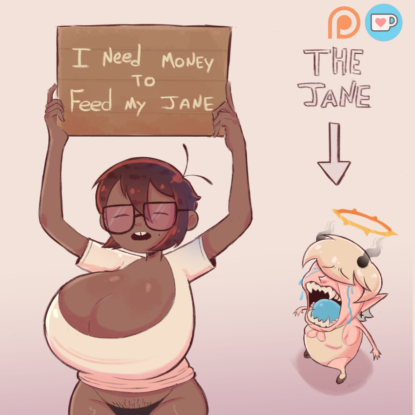 2girls applehot buckteeth chibi cleavage crying dark-skinned_female dark_skin english_text female_pubic_hair holding_sign huge_breasts jane_(applehot) mara_(applehot) meme mole_under_eye multiple_girls original pubes standing thick_thighs