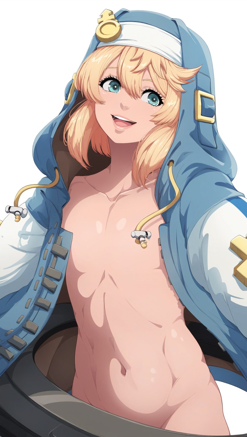 1boy 2d ai_assisted arc_system_works belly belly_button blonde_hair blue_eyes bridget convenient_censoring covered_crotch femboy guilty_gear guilty_gear_strive handcuffs hoddie hood_up hooded_jacket jacket jacket_only male male_only manah_(artist) medium_hair mostly_nude obscured_nipples open_clothes open_jacket open_mouth smile solo source standing tomgirl white_background