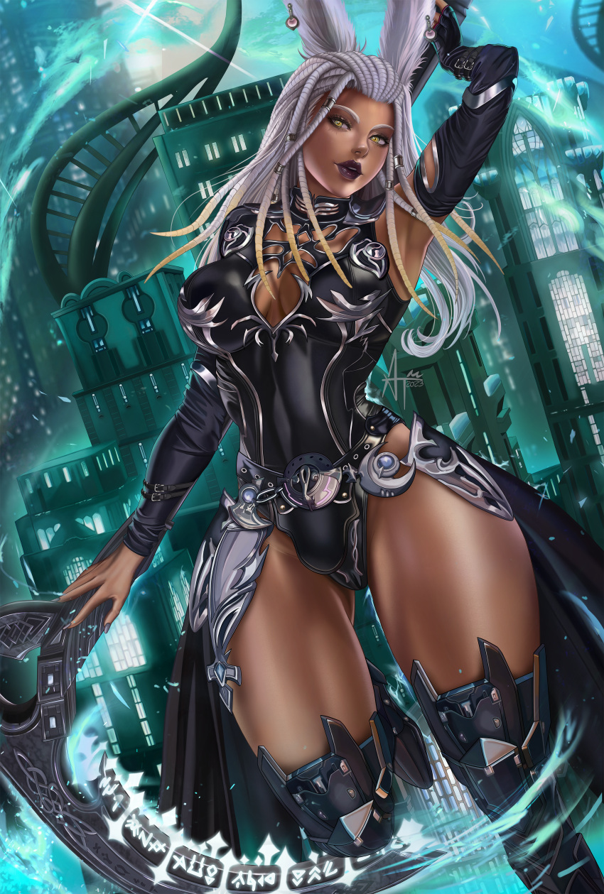 amaterasumikami bare_legs black_lipstick bunny_ears cityscape cleavage dark_skin dress final_fantasy_xiv metal_boots pinup scythe sfw silver_hair skirt solo sypha_flowen viera warrior_of_light_(ff14) weapon yellow_eyes