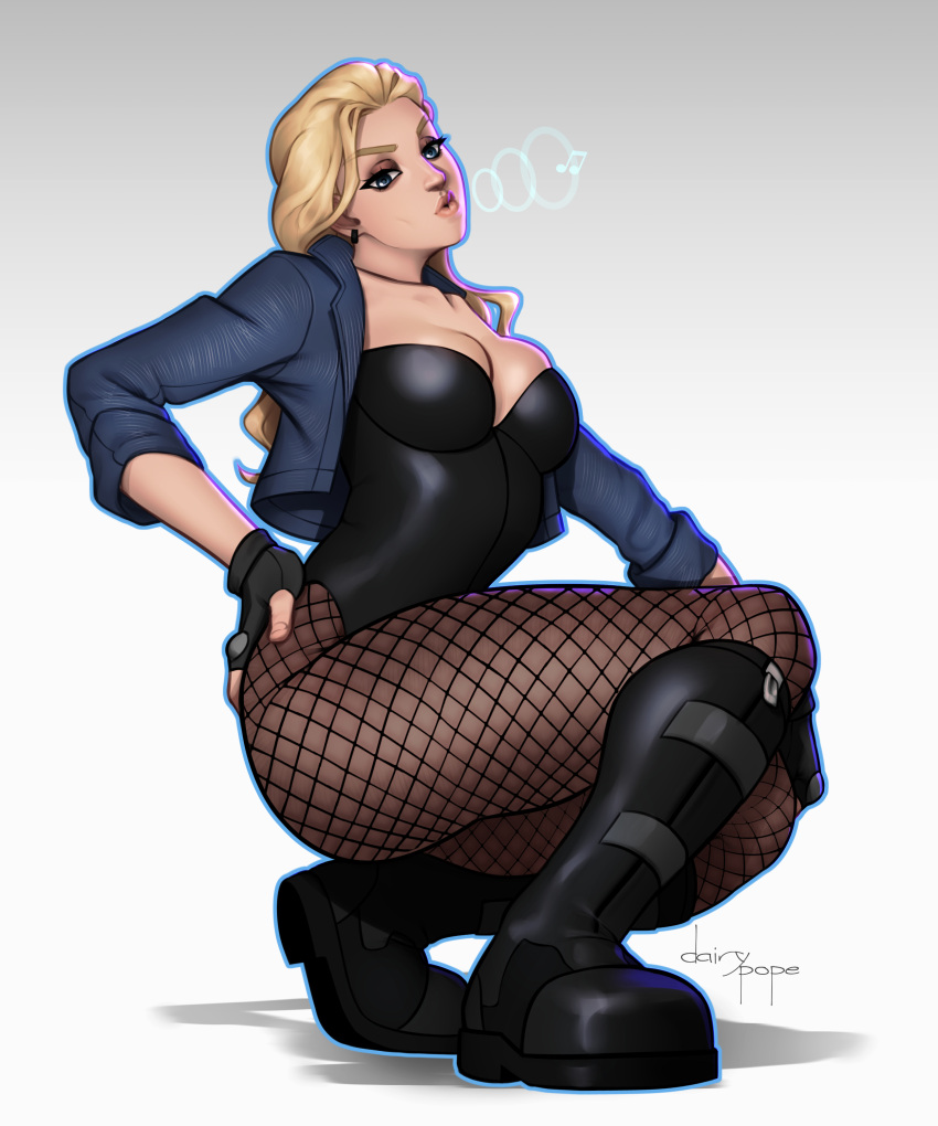 1girls artist_name black_canary blonde_hair blue_eyes boots busty cleavage combat_boots dc dc_comics dinah_lance eyeshadow fishnet_legwear fishnets gloves green_arrow_(series) jacket light-skinned_female light_skin pierced_ears pope_of_dairy squatting whistle