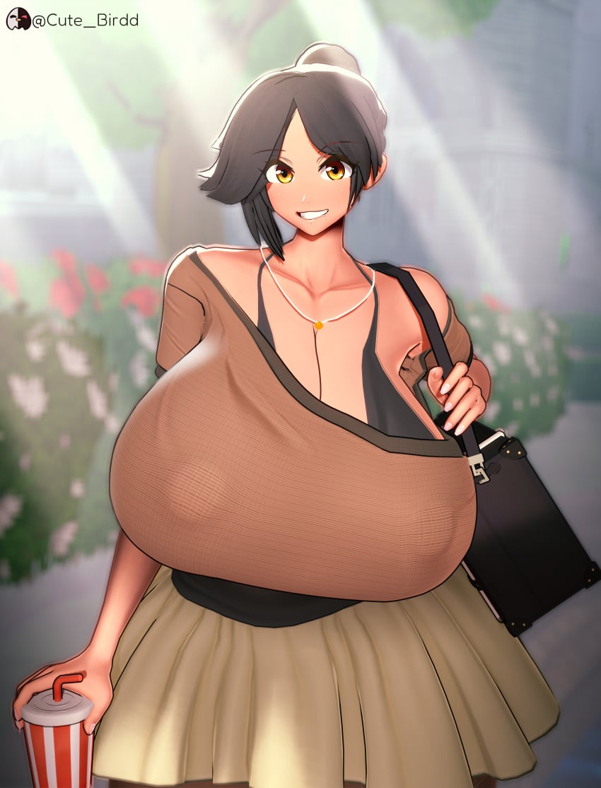 1girls 3d 3d_(artwork) big_breasts big_nipples black_hair bra breasts breasts_bigger_than_head breasts_together brown_clothing bulging_breasts cleavage clothed clothing cute cute_birdd dark_hair drinking_glass drinking_straw female female_focus female_only frilled_skirt front_heavy_breasts front_view gigantic_breasts gold_eyes holding_object huge_breasts koikatsu large_breasts light-skinned_female light_skin massive_breasts mature mature_female necklace nipple_bulge nipples off_shoulder outside pendulous_breasts pov purse skirt smile smiling smiling_at_viewer soda walking watermark yellow_eyes yellow_skirt